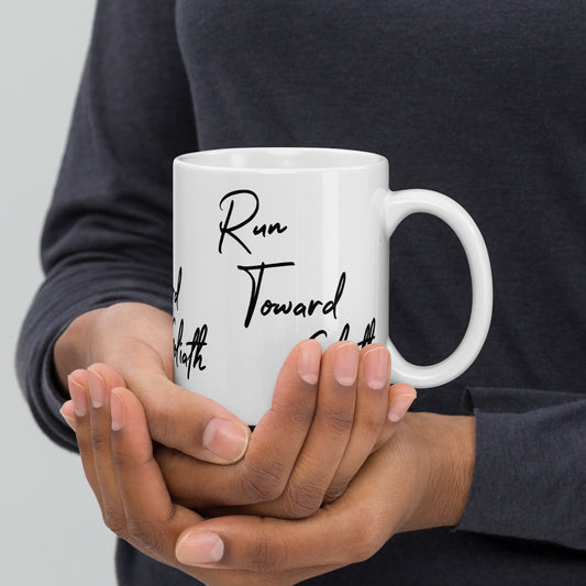 Run Toward Goliath White glossy mug